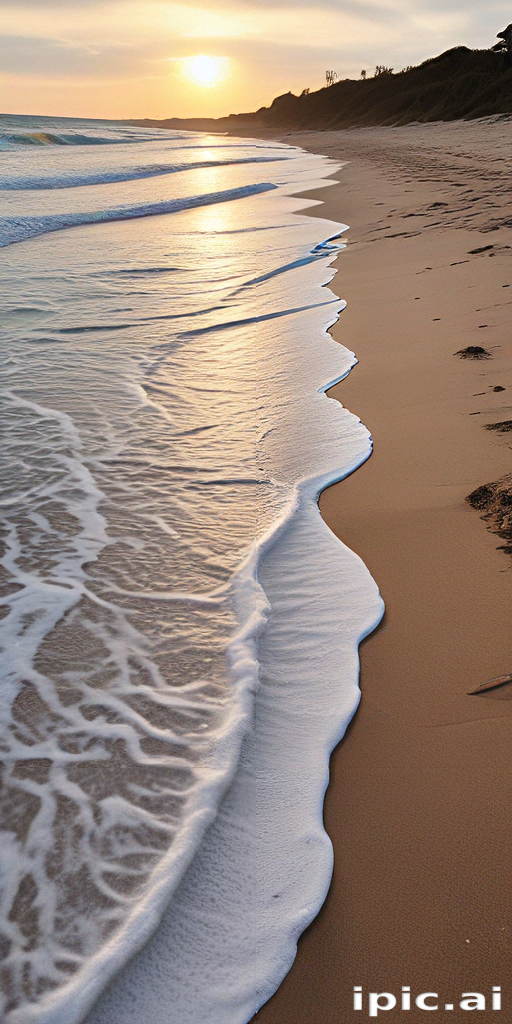 Tranquil Sunset Over Gentle Waves on a Serene Beach Shoreline