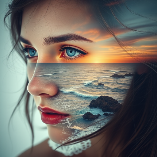 this picture is Book cover, A surreal double exposure portrait that blends a woman's face with a beautiful seascape. The overall mood is dreamy and mystical, with rich colors and intricate details