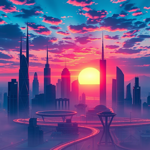 Create a high-resolution digital illustration of a futuristic city skyline at sunset with vibrant colors and dramatic lighting, captured using a DSLR camera, 35mm lens, f/2.8 aperture, ISO 200, and a wide-angle view for dynamic depth.