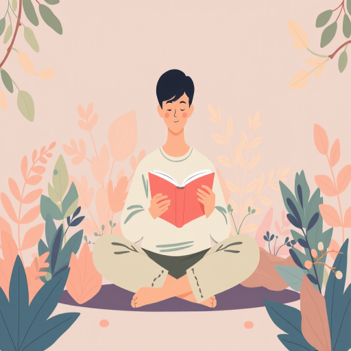 Create a digital illustration of a person sitting cross-legged and reading a book surrounded by stylized foliage, using a soft pastel color palette, in a flat design style, captured with a Canon EOS R5 at f/4, ISO 100, with a 35mm lens from a slightly elevated perspective to enhance depth and vibrancy.