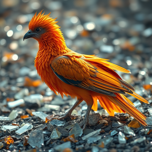 Regenerate an image of a fantastical bird resembling a phoenix with vibrant orange feathers and intricate scales, perched on a ground covered in shimmering shards of glass, captured in high detail with a Canon EOS R5, 50mm lens, f/1.8 aperture, ISO 100, under soft natural lighting for enhanced clarity and color vibrancy.