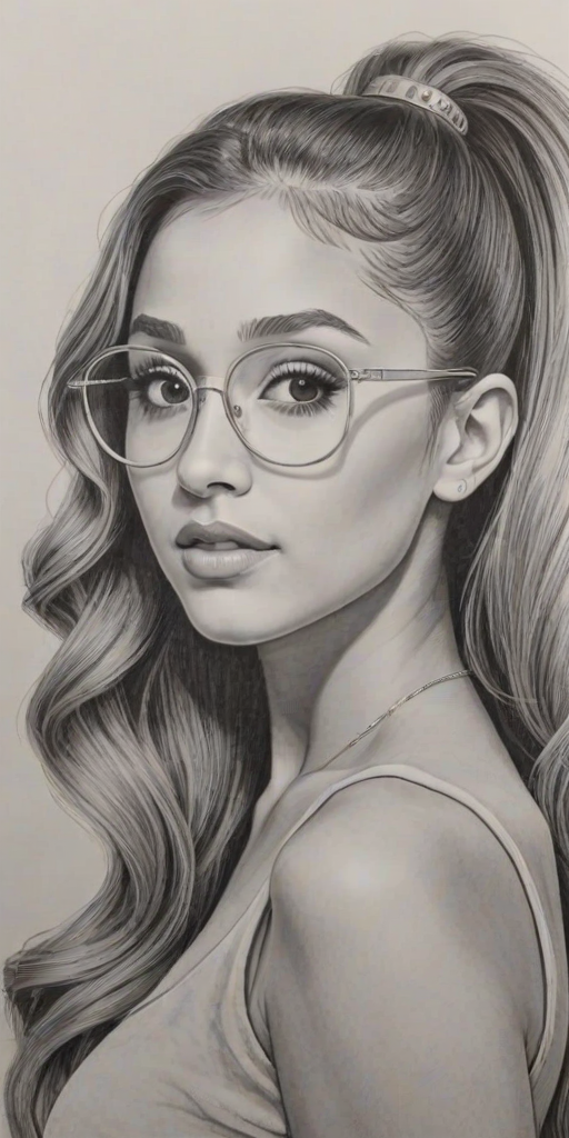 Bewitching Ariana Grande, pencil sketch, portrait of Fascinating woman 1946s in glasses, hair style beatnik, outline, clear lines, fine lines, 8k