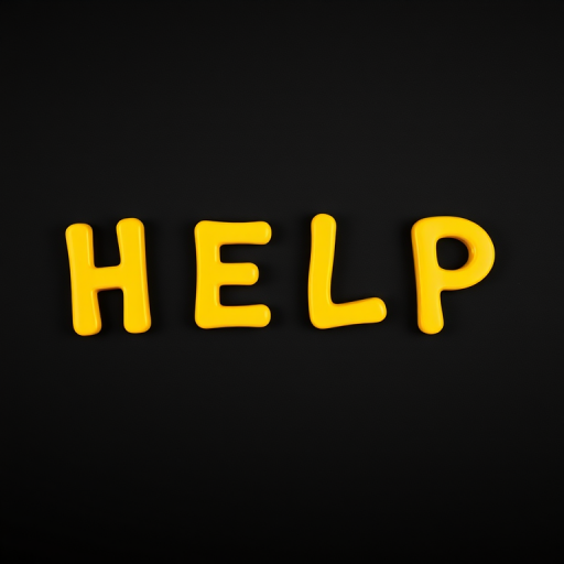 Create an image of the word HELP in bold, playful yellow letters on a black background with high contrast, using a DSLR camera at f/2.8 aperture, ISO 100, and a 50mm lens for sharp detail and vibrant color.