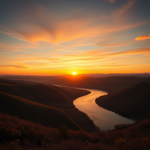 Generate a high-resolution image of a serene landscape featuring a vibrant sunset over rolling hills with a calm river reflecting the colors, captured with a Canon EOS R5, 24mm lens, aperture f/8, ISO 100, in landscape orientation, using natural lighting to enhance the warm tones and textures.