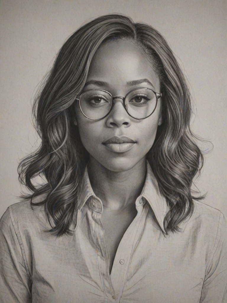 Splendid Nicole Beharie, pencil sketch, portrait of Wonderful woman 1969s in glasses, hair style beatnik, outline, clear lines, fine lines, 8k