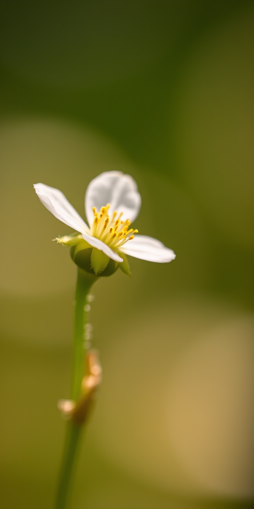 Close-up of a delicate flower on a stem, soft focus background, natural lighting, aperture f/2.8, ISO 100, macro lens, DSLR camera, shallow depth of field.