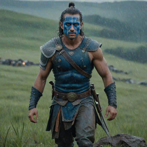 Generate an ultra-realistic and highly detailed photograph of a "brave heart" warrior. he's standing still, looking menacingly at the camera. He has face paint in shades of blue. He's standing on a green hill. Rain. The background is a blurred image of a battlefield. 4k. UHD