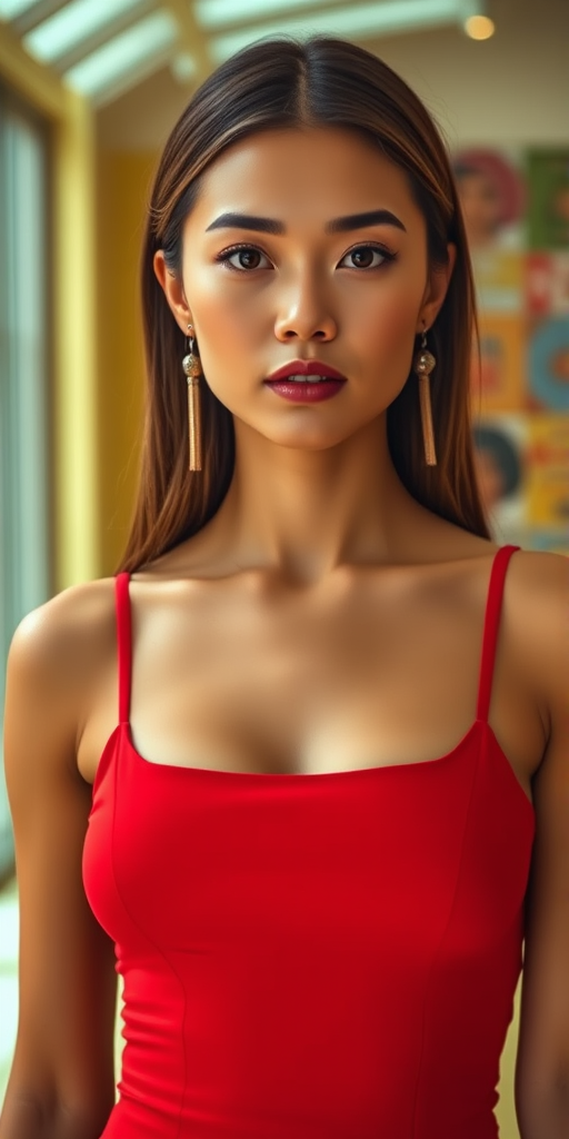 showcasing fine details and textures, likely from large windows or skylights, with hints of green and yellow tones. The overall composition and lighting suggest a close-up, highlighting her delicate features and the sparkle of her earrings. The photograph appears to be taken in a controlled studio setting, sleeveless red dress with thin spaghetti straps, accentuating her slender physique. The neckline of her top is modest, with a focus on the subject's serene expression and the warm, giving her a serene and possibly sensual expression. She has full, highlighting her smooth, blurred blend of pastel colors, creating a striking contrast. The dress has a square neckline that accentuates her chest, adding a dynamic and assertive element to the image. The background consists of a blurred, which are partially visible due to her attire. She is wearing a form-fitting, elegant environment. The overall mood of the photograph is casual yet stylish, standing indoors in a casual setting. She has straight