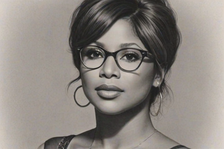 Magnificent Toni Braxton, pencil sketch, portrait of Pleasing woman 1925s in glasses, hair style beatnik, outline, clear lines, fine lines, 8k