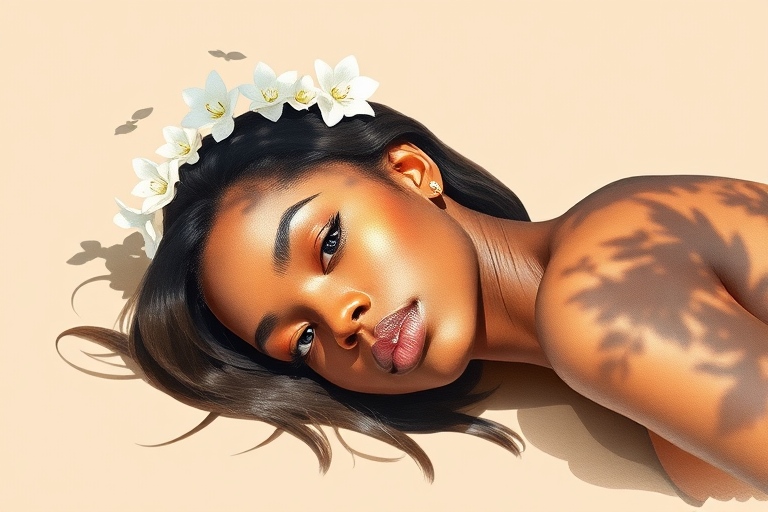 create a watercolor painting of an ethereal portrait of beautiful African American woman with a simple white flower crown on her head. Her hair is long and she is lying on the ground. The sunlight on the trees casts shadows from the leaves on her face and body. The background is a neutral brown color that matches her skin tone. The image is minimalist and solid colors. This style is characterized by soft, delicate brushstrokes and a light, airy, contrasting color palette. High level of detail and play of light