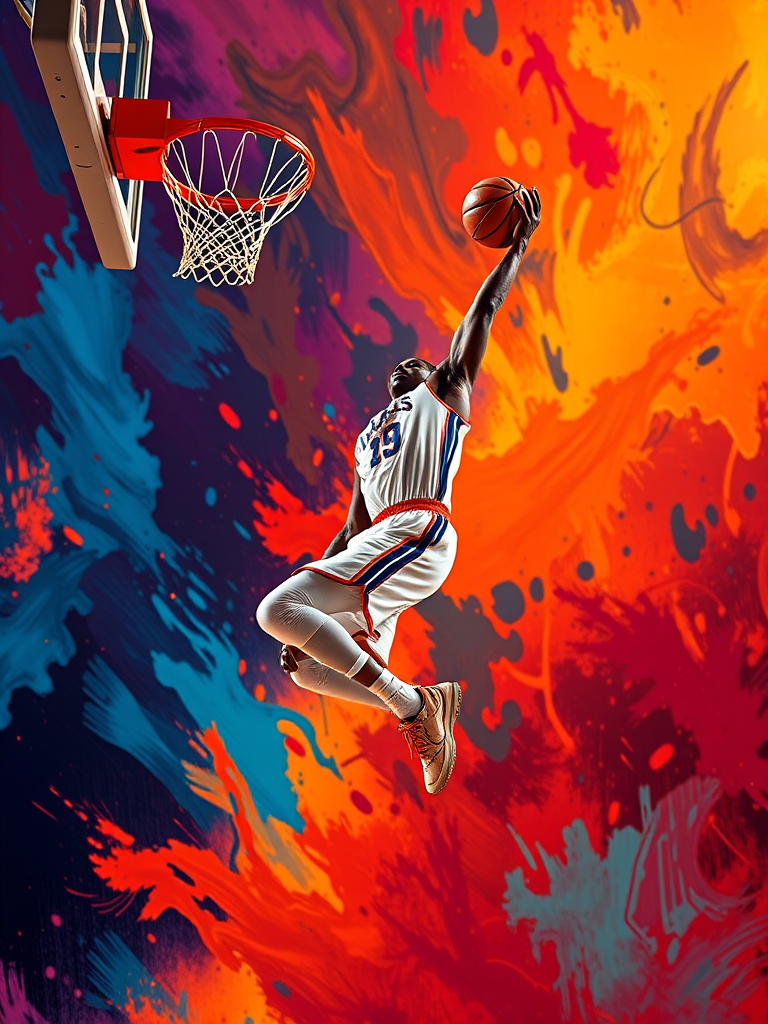 Create a dynamic image of a basketball player in mid-air dunking with a vibrant abstract background, using a Canon EOS R5, 24mm lens, f/2.8 aperture, ISO 100, shot in portrait orientation with high dynamic range to enhance colors and details.