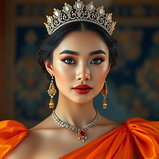 A gorgeous Bhutanese woman in a luxurious orange gown, accessorized with a dazzling tiara and statement earrings, her deep blue eyes highlighted by impeccable makeup, poised in a royal setting, photorealistic, 8K quality