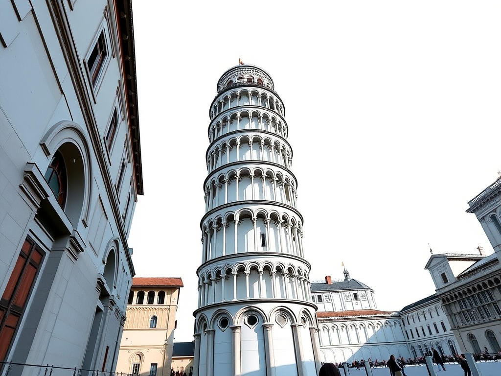 Create a highly detailed illustration of the Leaning Tower of Pisa, capturing its iconic architectural features with a focus on vertical alignment and shadowing, using a DSLR camera with a 50mm lens, aperture f/1.8, ISO 100, shot from a low angle to emphasize its height and leaning effect, in a bright, clear daylight setting.