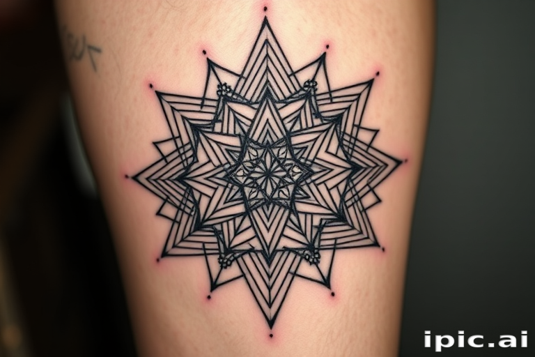 Geometric blackwork tattoo called "Sacred Symmetry" showcasing precise lines and shapes forming complex patterns and optical illusions, with dotwork shading and sacred geometry principles incorporated into the design