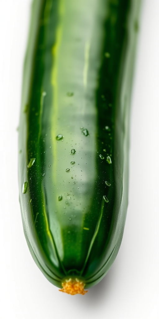 Create a highly detailed illustration of a fresh, vibrant cucumber on a white background, using a macro lens with a shallow depth of field, aperture f/2.8, ISO 100, focal length 100mm, lighting with soft diffused natural light, captured with a DSLR camera.
