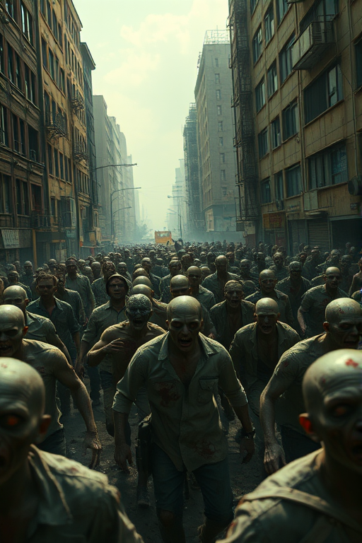 Create a high-resolution image of a horde of zombies in a desolate urban setting, captured with a Canon EOS R5 at f/2.8, ISO 400, 24mm focal length, using a wide-angle lens to emphasize depth and atmosphere, with dramatic lighting to enhance shadows and details.