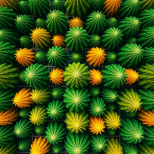 regenerate an artistic pattern of colorful Christmas trees, vibrant greens and yellows, in a seamless grid layout, shot with a Canon EOS R5, 50mm lens, aperture f/8, ISO 100, top-down view for clarity and detail, in a bright and well-lit environment.