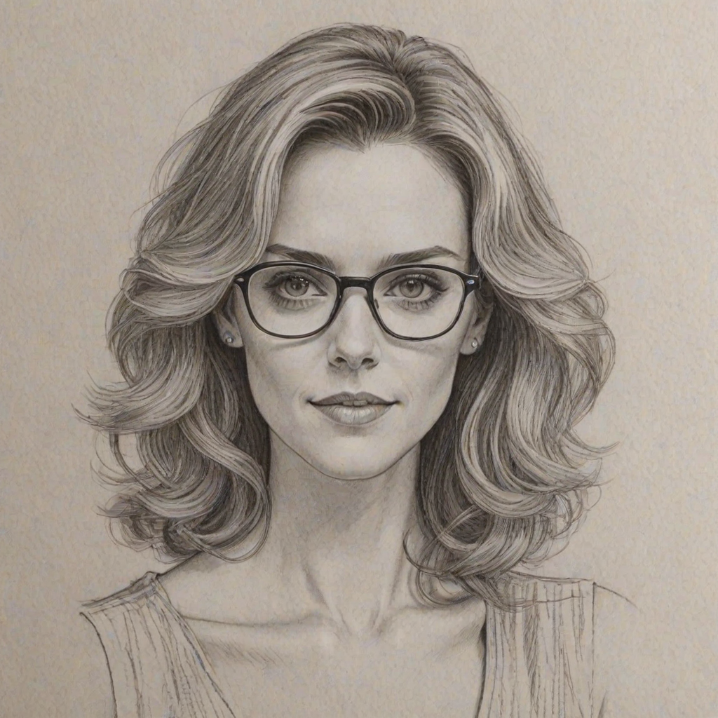Enchanting Hilarie Burton, pencil sketch, portrait of Lovely woman 1977s in glasses, hair style beatnik, outline, clear lines, fine lines, 8k