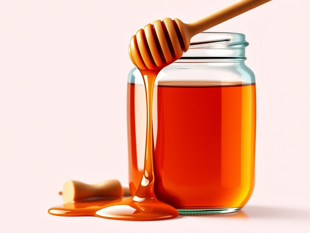 Create a vector-style illustration of a jar of honey with a dipper, vibrant colors, high contrast, focus on the honey dripping from the dipper, using a 50mm lens, f/2.8 aperture, ISO 100, and soft diffused lighting for a clean, modern look.