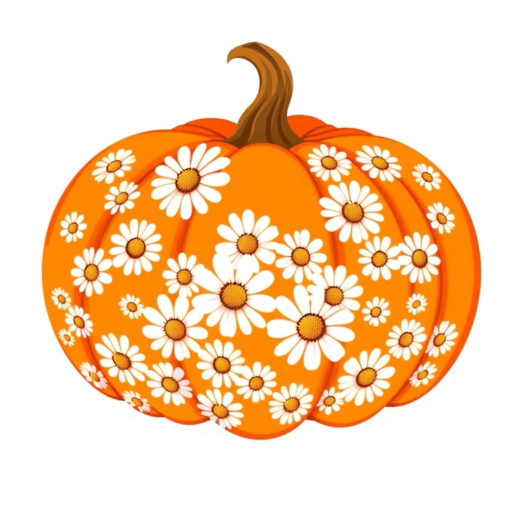 a whimsical orange pumpkin with white daises pattern covering the pumpkin. Solid white background sublimation vector 3000dpi 32k