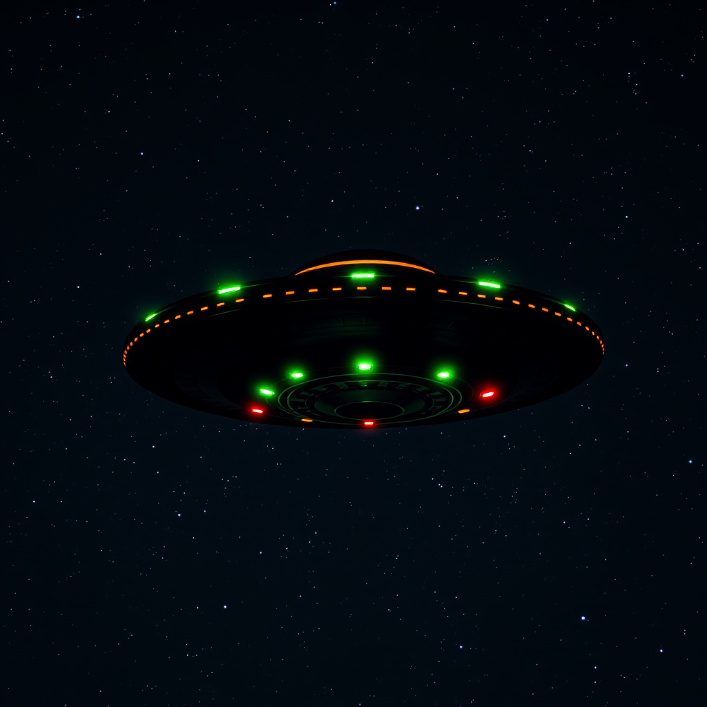 Create a highly detailed and realistic depiction of a flying saucer with glowing green and red lights, set against a starry night sky, using a DSLR camera with a 50mm lens, aperture set to f/1.8, ISO 400, and a slightly low angle view to capture the full silhouette against the cosmos.
