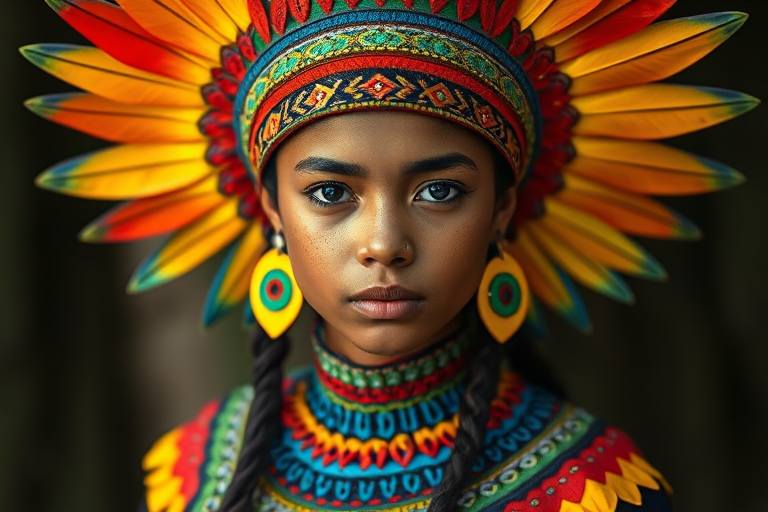 A beautiful Aztec girl, wearing colorful bird clothing with vibrant colors
