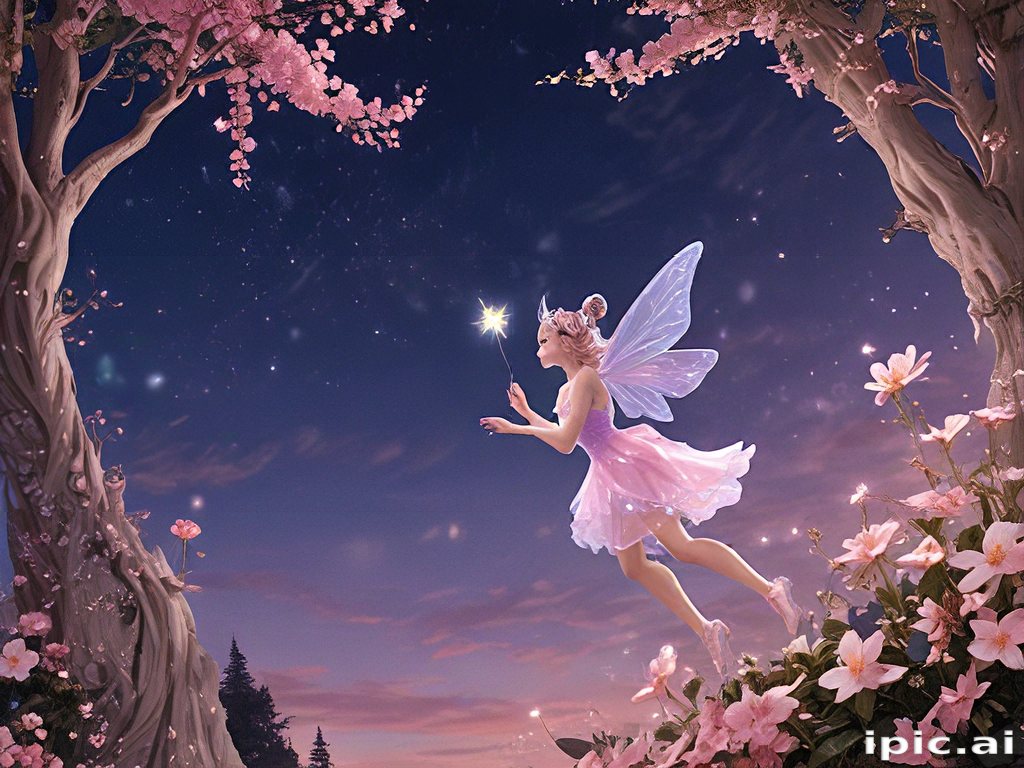 A Magical Fairy Dancing Among Blossoming Flowers Under a Starry Sky.