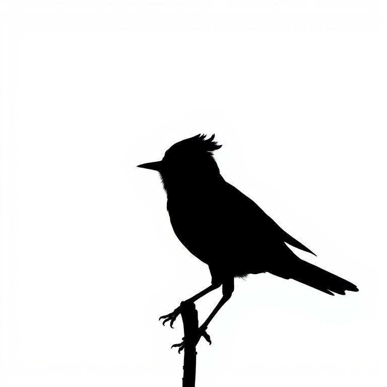 Regenerate a high-contrast black silhouette of a whimsical bird against a white background, captured with a Canon EOS 5D Mark IV, using a 50mm lens at f/1.8, ISO 100, and shutter speed of 1/1000s, in natural light for enhanced clarity and detail.