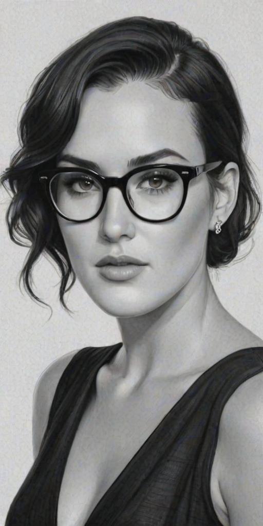 Pleasing Rumer Willis, pencil sketch, portrait of Exquisite woman 1953s in glasses, hair style beatnik, outline, clear lines, fine lines, 8k