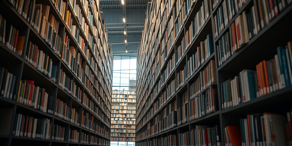 interior view of a modern library with tall bookshelves filled with books, soft ambient lighting, high-resolution, 35mm lens, f/2.8 aperture, ISO 400, wide-angle shot, DSLR camera, vibrant colors and detailed textures