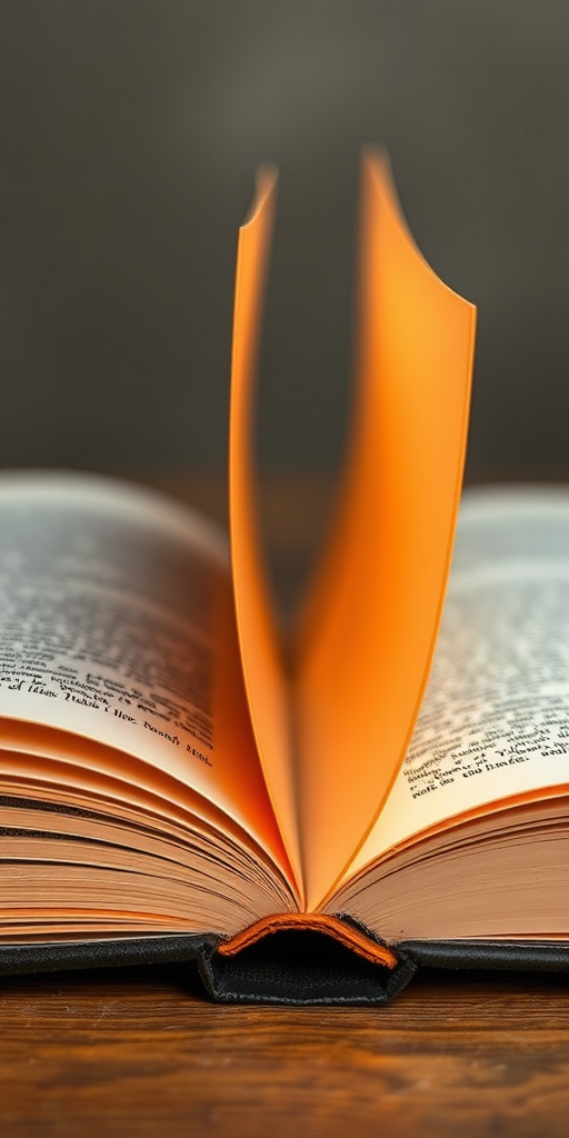 Create a high-resolution illustration of a closed book with an orange cover, using a Canon EOS R5 camera, 50mm lens, f/1.8 aperture, ISO 100, shot from a slightly elevated angle to enhance depth and detail.