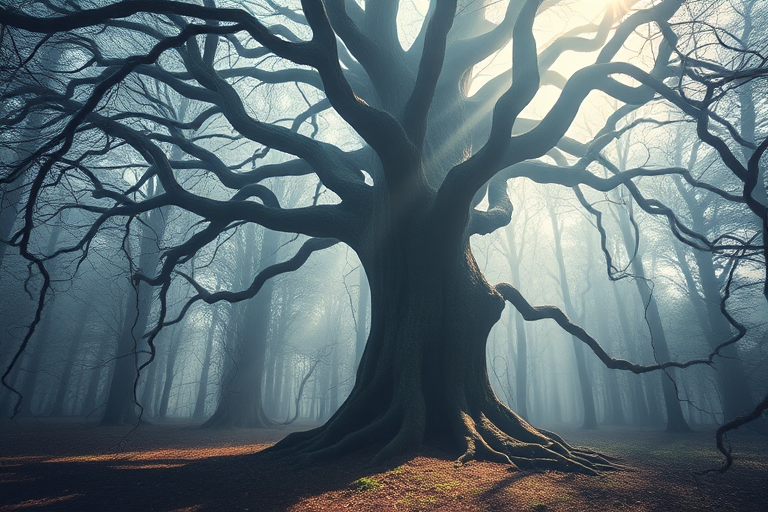 Create an image of a majestic tree in a mystical forest clearing surrounded by twisting vines and soft ethereal light, captured with a DSLR camera at f/2.8, 50mm focal length, ISO 100, using a wide-angle shot to emphasize depth and enhance surreal lighting effects.