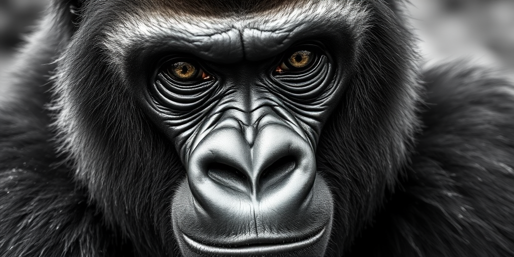 close-up portrait of a gorilla, captured with a 85mm lens, f/1.8 aperture, ISO 200, 1/200 sec shutter speed, natural soft lighting, shallow depth of field, DSLR camera, monochrome style, focus on facial features and texture details