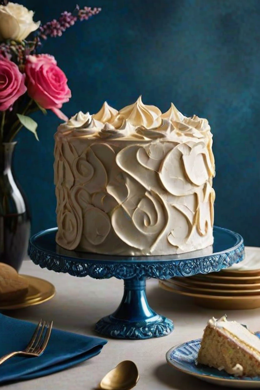 Generate an image of a beautifully styled cake on a decorative cake stand. The cake should have a smooth, creamy texture with a light golden meringue topping that is swirled elegantly. The background should be a deep blue, creating a striking contrast with the cake. Include a few plates and utensils in the scene for a complete presentation.