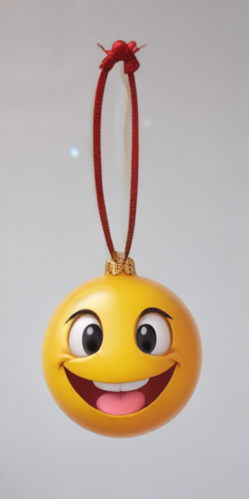 A Cheerful Yellow Emoji Ornament Hanging on a Red String.