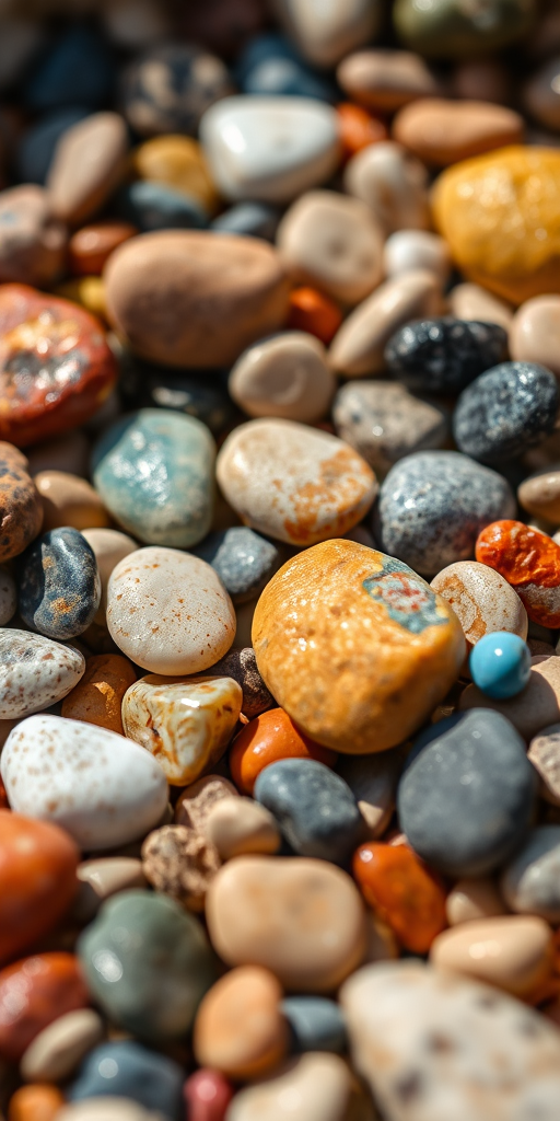 Close-up shot of colorful pebbles and stones, using a macro lens with an aperture of f/2.8, ISO 100, shutter speed 1/125s, natural lighting, DSLR camera, shallow depth of field to enhance texture and color vibrancy.