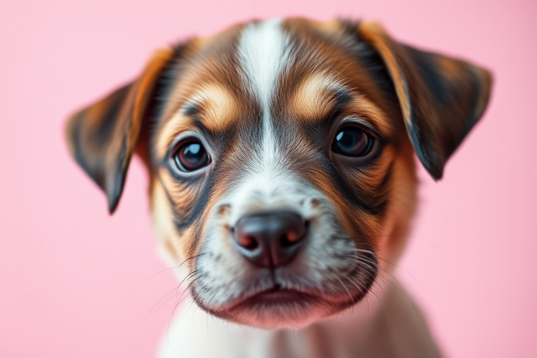 A close-up portrait of a puppy with a soft pink background, shallow depth of field, f/2.8 aperture, ISO 100, 50mm lens, natural light, DSLR camera.