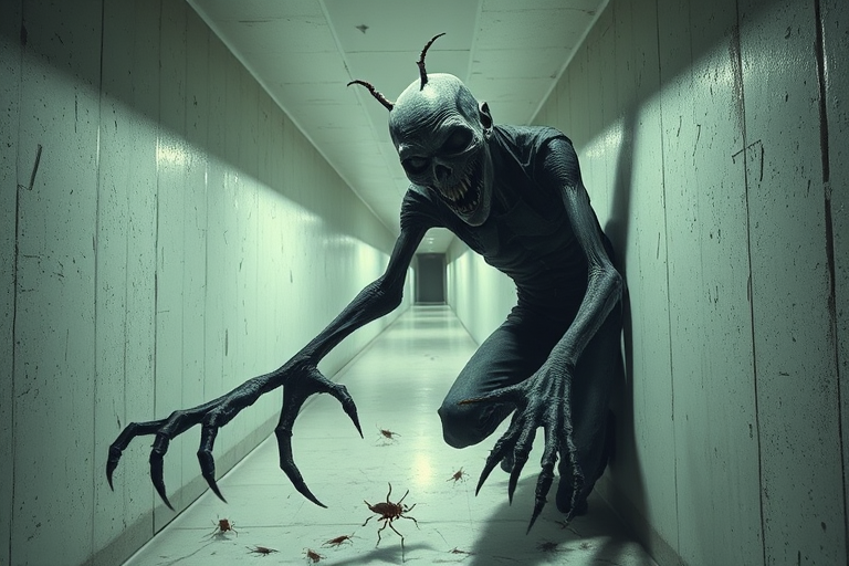 a crooked male with long arms and a creepy smile is crawling along a long white corridor and you can also see cockroaches in it there is a creepy atmosphere creepy art style