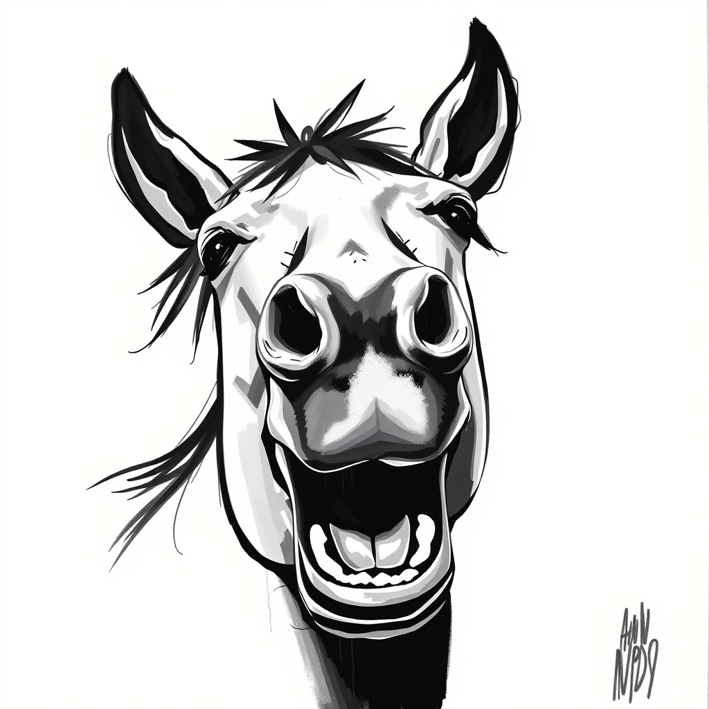 Abstract black and white acrylic portrait of an over exaggerated laughing (horse). Minimalism style. White background.