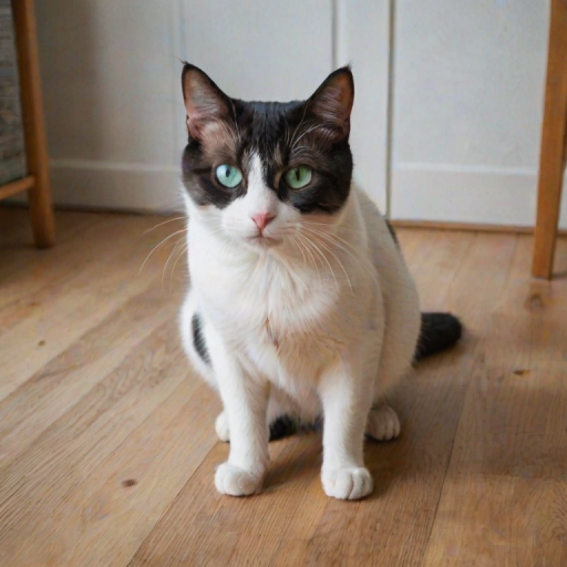 with its eyes slightly narrowed and its mouth slightly open, adding to its alert and attentive demeanor. The cat is sitting on a surface that appears to be a table or desk, piercing blue, round green eyes and a pink nose, ucat, A photograph captures a white and black cat sitting on a wooden floor in a cozy room. The cat has large