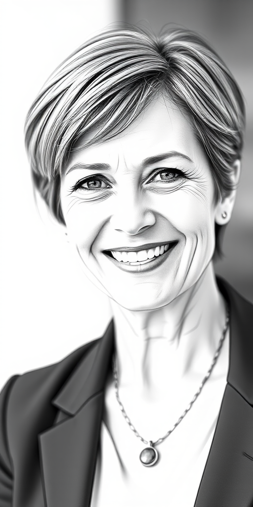 Generate a high-resolution sketch portrait of a middle-aged woman with short hair and a friendly smile, wearing a blazer and a necklace, in sharp focus with a shallow depth of field, captured using a DSLR camera, 50mm lens at f/2.8, ISO 100, 1/200 sec shutter speed.