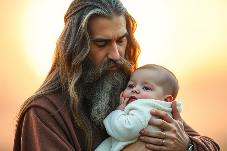 Portrait of a serene figure with long hair and a beard holding an infant, soft pastel colors in the background, bright halo effect, soft focus, Canon EOS R5, ISO 100, f/1.8, 50mm lens, natural lighting, dreamy atmosphere.
