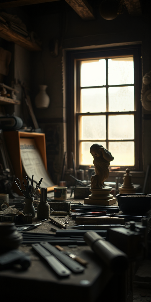 Close-up of an artisan's workshop, with tools scattered across a workbench, soft light streaming in through a dusty window, illuminating a half-finished sculpture.