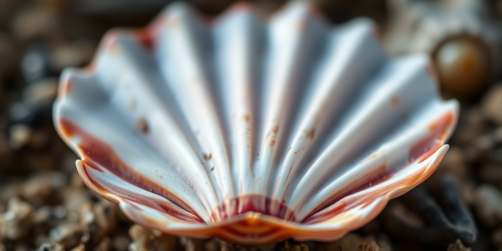 highly detailed photo of a scallop shell, macro lens, f/8 aperture, ISO 100, shallow depth of field, natural lighting, centered composition, taken with a DSLR camera