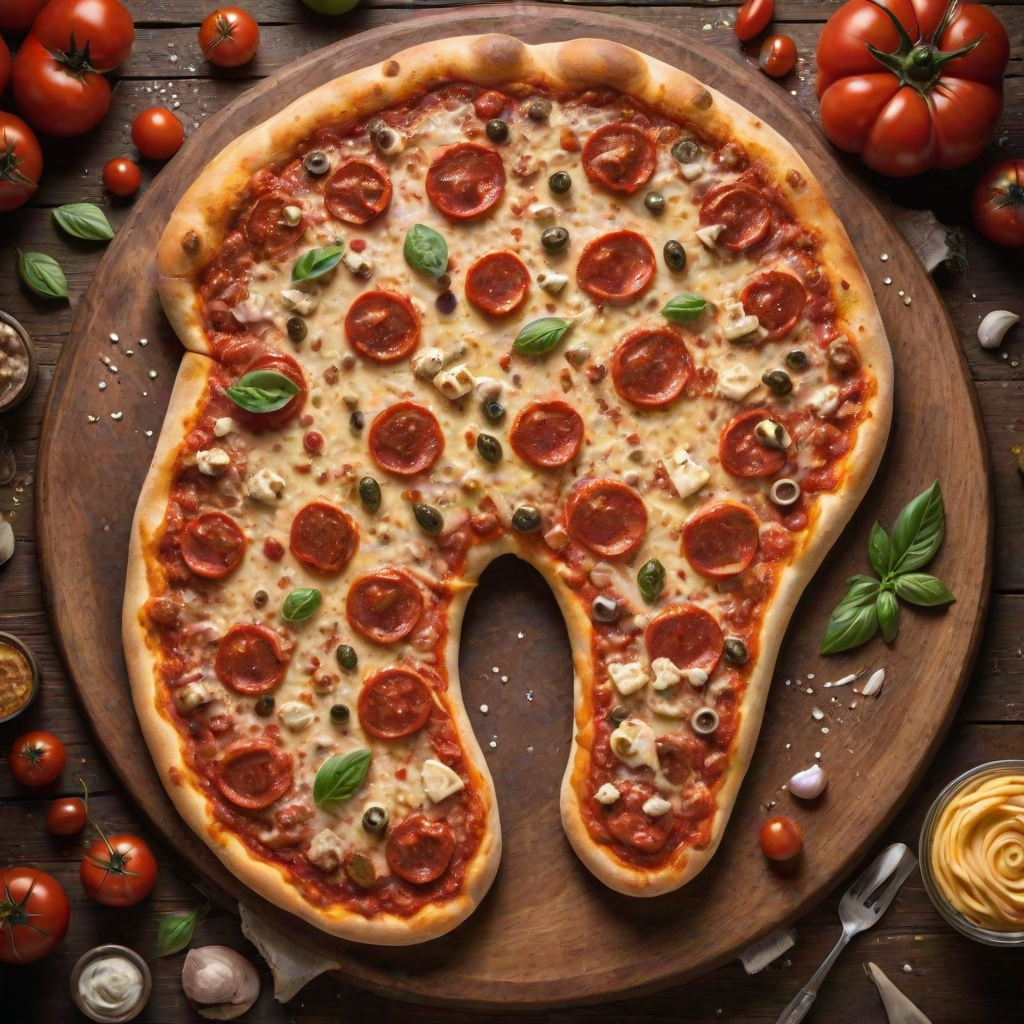 Pizza shaped like giant human foot. Golden-brown crust mimics skin texture and toenails. Tomato sauce and melted cheese cover 'sole'. Various toppings scattered realistically. Soft side lighting highlights textures. Served on rustic wooden table. Closeup view.