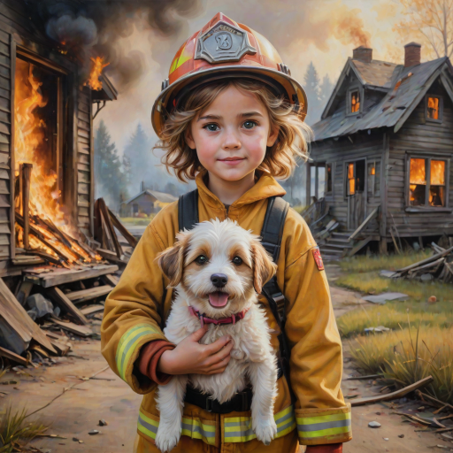 airbrushed oil painting, pixar style, cute little girl in fireman gear, helmet, tousled hair, expressive eyes, standing in the doorstep of a cottage burning behind him, holding a cute little dog in her arm, atumn sky