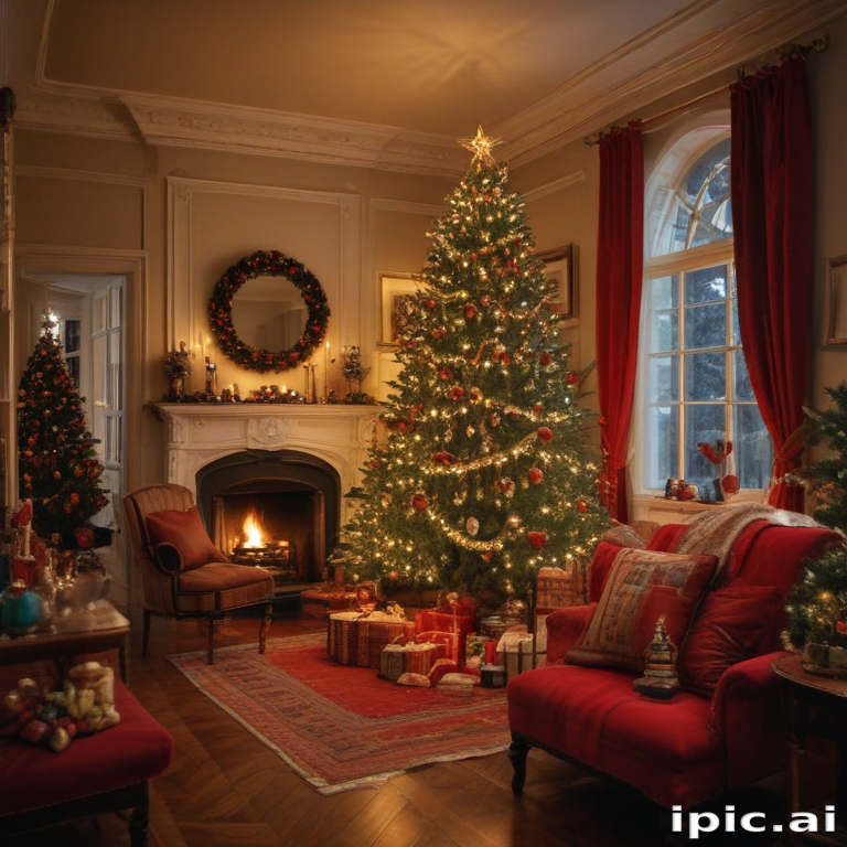 Cozy Christmas Living Room Decorated with a Beautiful Tree and Gifts