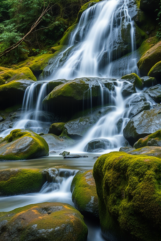 A serene waterfall cascading over moss-covered rocks surrounded by lush greenery, captured with a Canon EOS R5, f/8 aperture, 1/2 second shutter speed, ISO 100, using a tripod for stability and a polarizing filter to enhance colors and reduce glare.