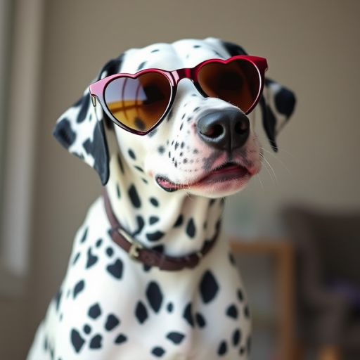 A stylish Dalmatian dog wearing heart-shaped sunglasses sitting indoors with a light background and a playful expression