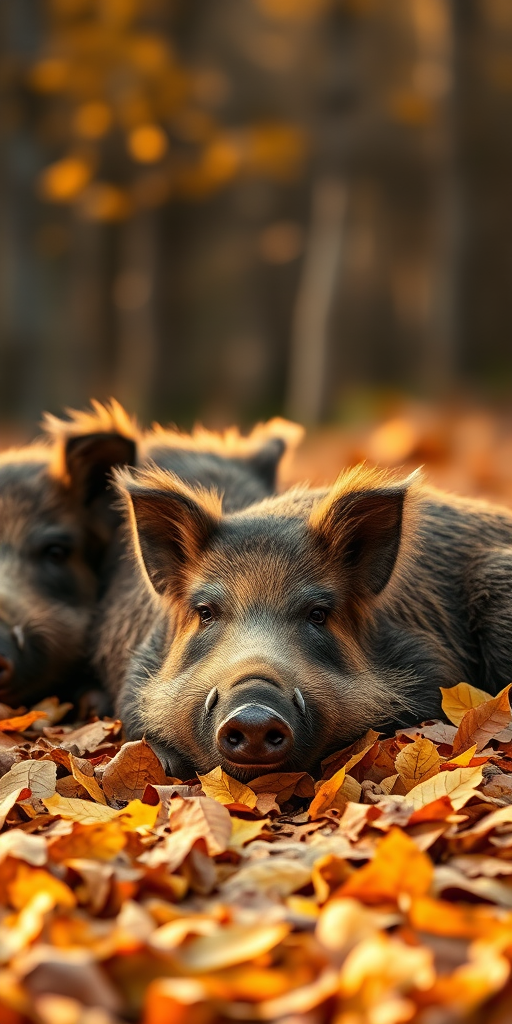 wild boars resting on a bed of autumn leaves, soft focus, golden hour lighting, shallow depth of field, 50mm lens, f/2.8 aperture, ISO 200, shot with a DSLR camera